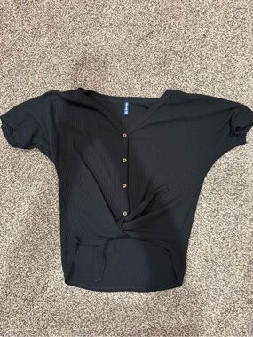 Black V-Neck Button Front Knot Top - Women